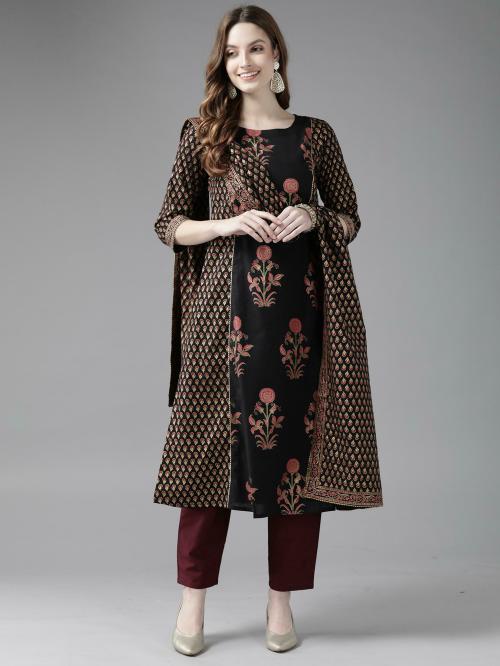 Indo Era Black Printed Straight Kurta Trouser With Dupatta Set