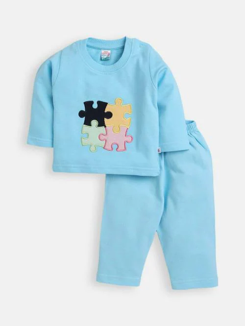 AMUL Kandyfloss Unisex Kids Blue Solid 100 Percent Cotton NightSuit (6-12M)