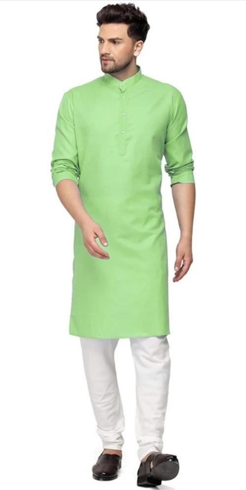 Simran Creation Men Light Green Solid Cotton Blend Straight Kurta (M)