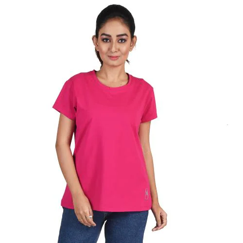 STRII Solid Women Stretch Round Neck Magenta Pink T- Shirt