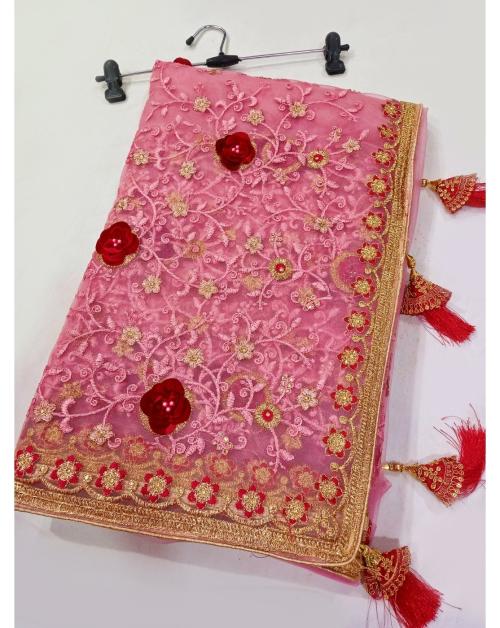 shyamlata Women's Net Machine And Hand Embroidery Stone Work Saree With Embroidered Blouse Piece|Peach