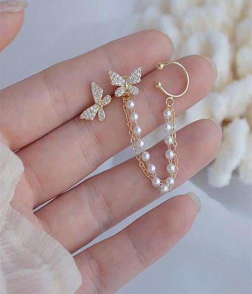 DESTINY JEWEL'S Korean Style Gold Plated Butterfly Pearl Decor Long Tassel Chain Ear Cuff Cubic Zirconia Alloy Cuff Earring