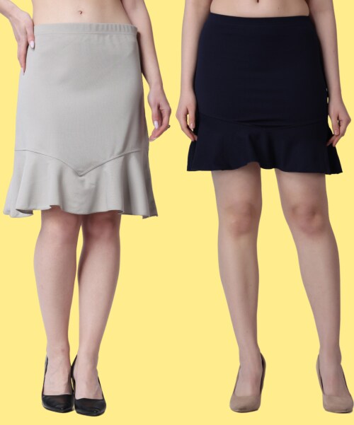 Popwings Women Casual Solid Grey and Navy Blue Peplum Skirt (Pack of 2 Skirt) | Trendy Skirt | Women Skirt | Women Combo Skirt | Women Peplum Skirt