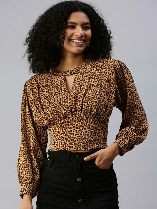 SHOW OFF Women's Brown Printed Polyester Cinched Waist Top