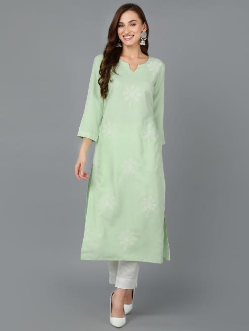 Vaamsi Women's Mint Green Cotton Blend Embroidered Workwear Kurta VCK9164
