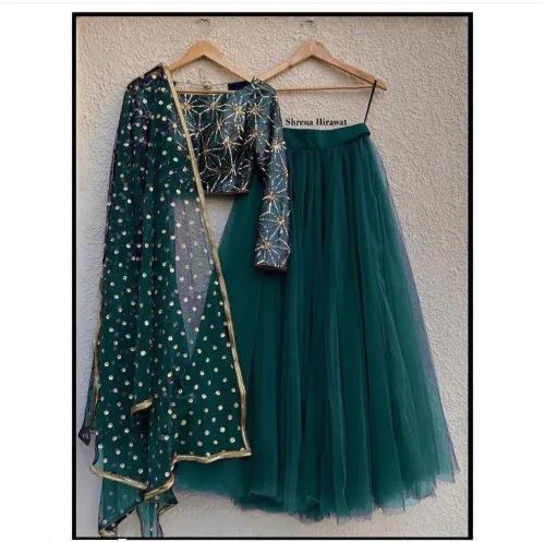 Zaqe Zone Women Green Self Design Net Lehenga Choli