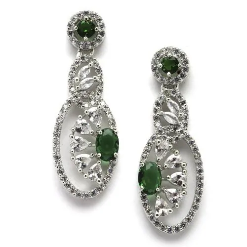 ZENEME Rhodium-Plated Green American Diamond studded Oval & Quirky Shaped Drop Earrings