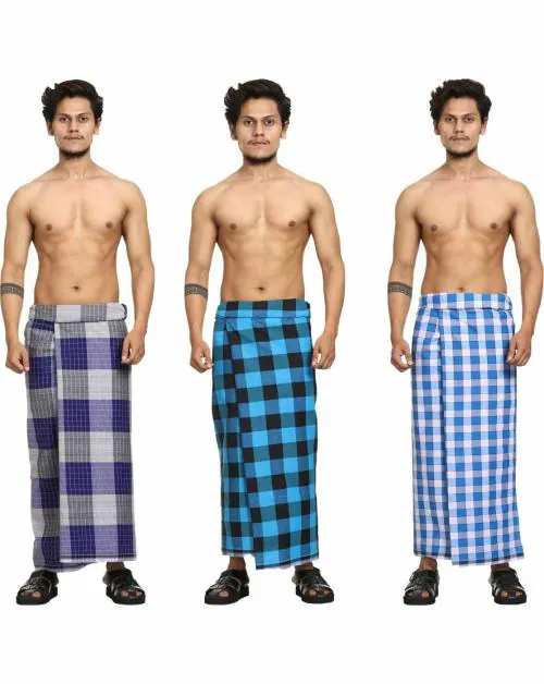 GOWRI TEX Men Multicolor Checkered Pure Cotton Stitched Lungi - Free Size (Pack of 3)