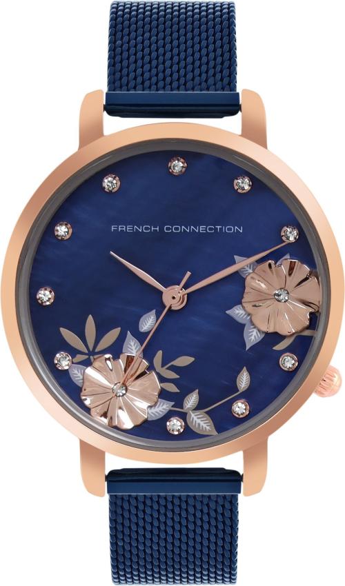 French Connection Analog Blue Dial Rose Gold Strap Watch For Women
