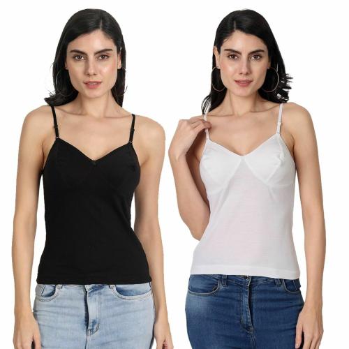 Aimly Women's Regular Fit Sleeveless Cotton Bra Cum Camisole Slip Spaghetti White Black S Pack of 2