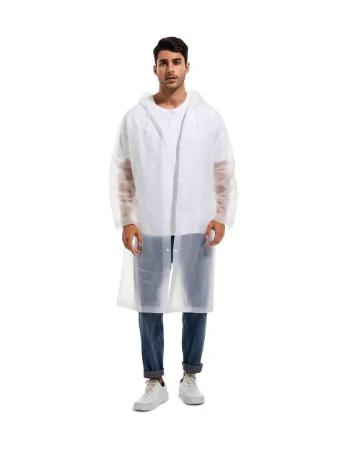 INFISPACE Men's Polyester Long RainCoat Pocho with Adjustable Cap and White Color Raincoat