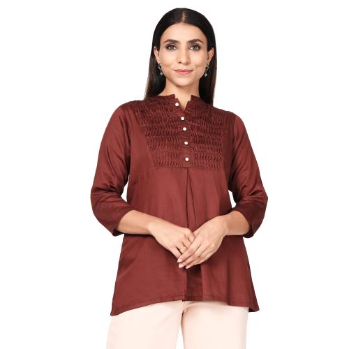 LINGRA Women Rayon Self Solid Desing Three quarter Sleeves shirt collar Red Top Tunic