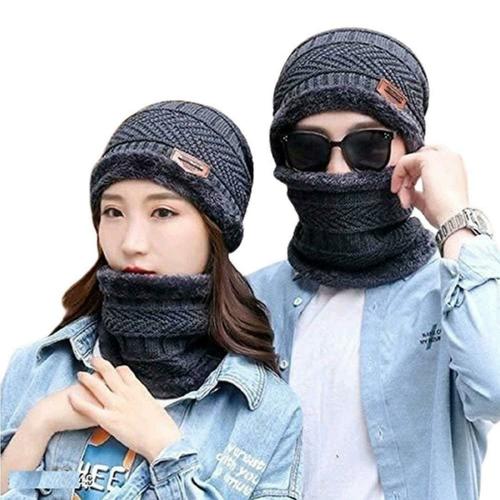 F Y V Unisex Grey Woolen 2 Caps with 2 Neck Warmer l For Men & Women l Caps Hats Beanie Caps