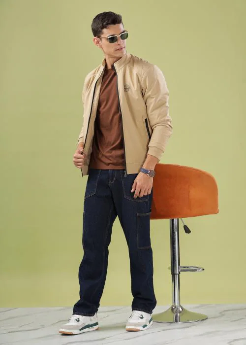 Dollar Casual Solid Bomber Jacket For Men In Beige Color