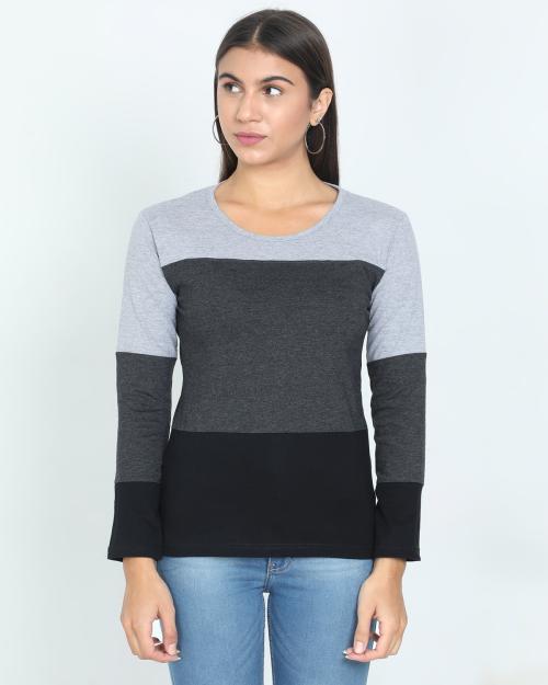 Flexima Womens Greyl Melange,Charcoal Melange and Black Color Block Full Sleeve Tshirts