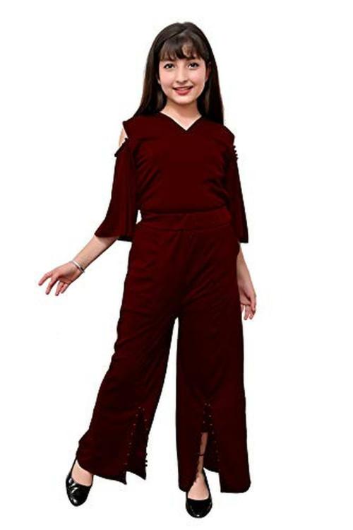 FELLAMO Girls Maroon Solid Maxi Length Top, Palazzo Set