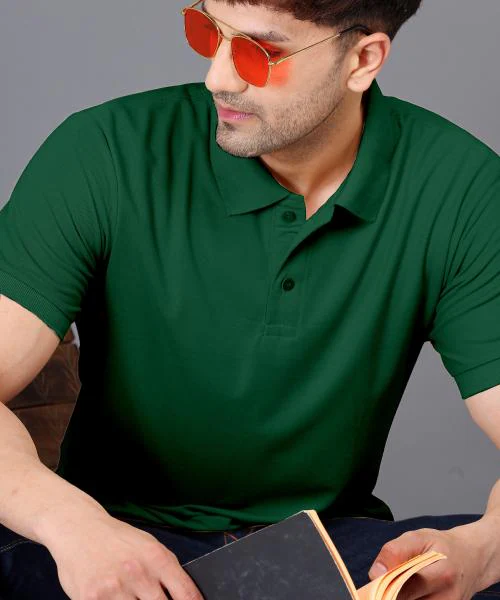 Urban Buccachi Mens Solid Polo Neck Cotton Blend T-Shirt Dark Green L