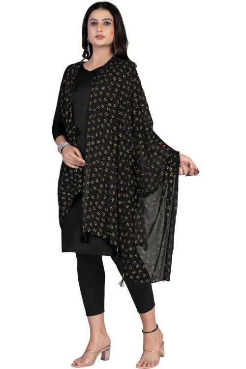 Kemza Women's Printed Chiffon Dupatta (Black) with Jaipuri Foil Print