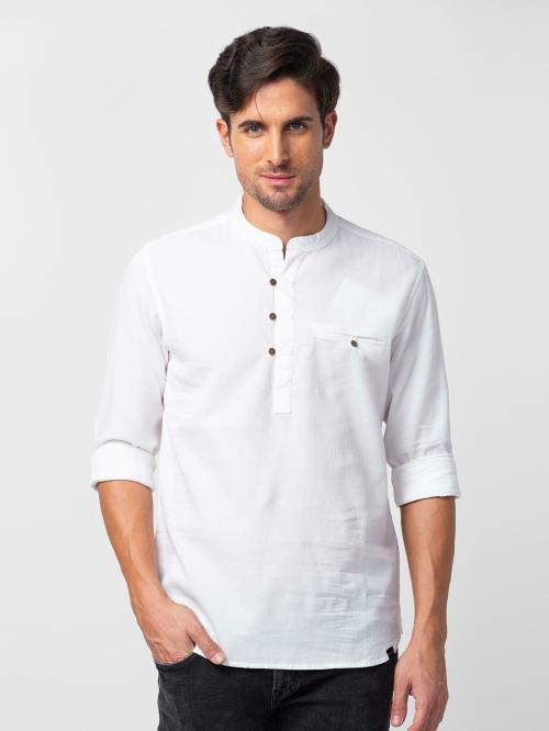 Spykar Men White Cotton Slim Fit Mandarin Collar Plain Kurta