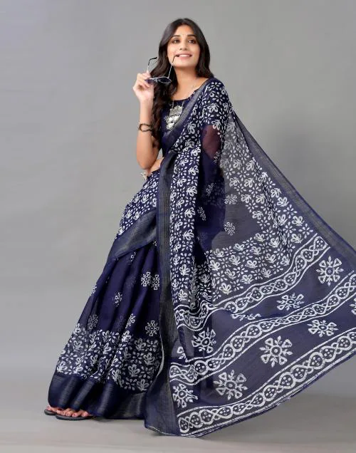 Siril Polycotton Blue Color Polycotton Saree with Blouse piece | sarees for Women| saree | sarees