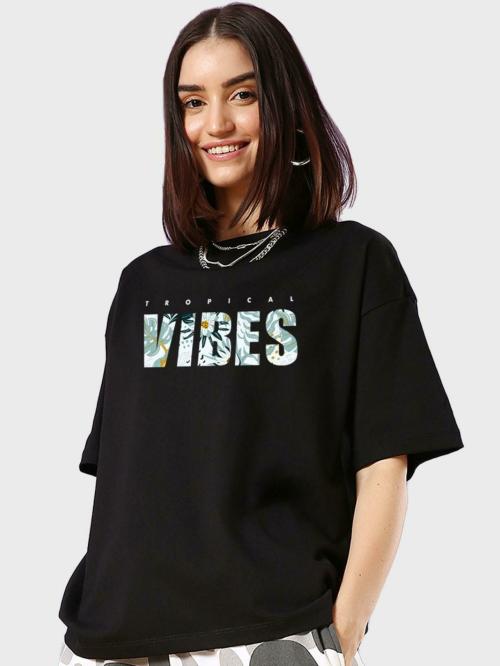 Bewakoof Women's Black Tropical Vibes Typography Round Neck Short Sleeve Oversized T-shirt