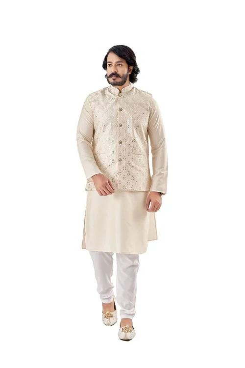 Amzira Men Cream Dupion Silk Kurta Pajama with Nehru Jacket Set - XXL