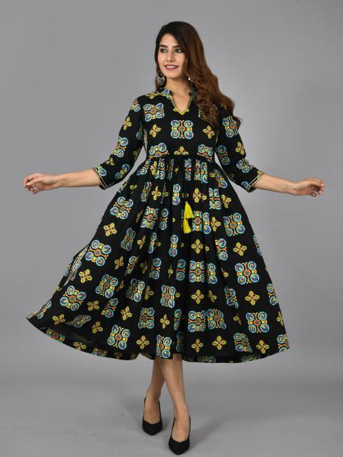 H & N Women Navy Printed Pure Cotton Kurta (S)