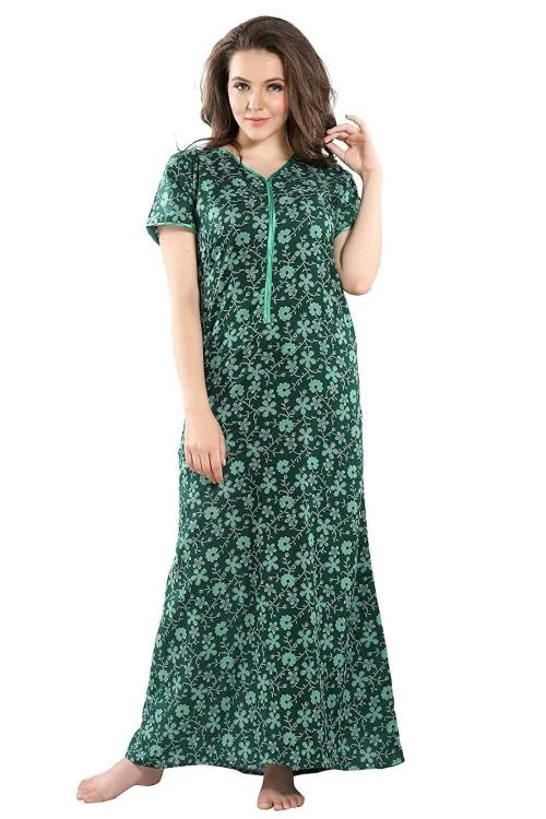 PIU Women's Cotton Front Zipper Nighty - Green - Medium