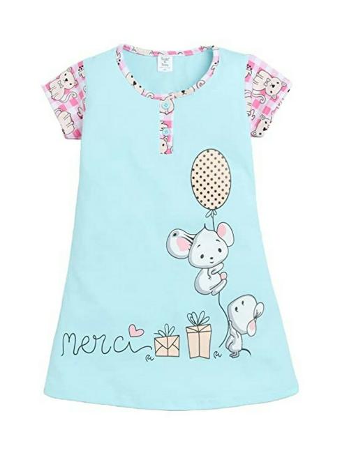 Todd N Teen Girls Blue Cartoon Printed Cotton Nighty Sleepwear
