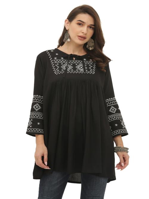 Kartx Exports Timeless Sophistication: Black Rayon Tunic with Elegant Embroidery for Women