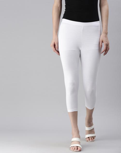 Kryptic Womens White Solid Cotton Lycra Leggings