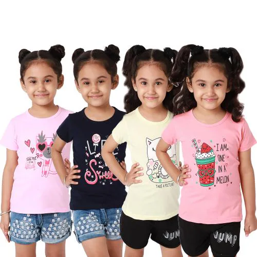 Fabflee Cotton Printed Short Sleeves T-Shirt For Girls - Pack of 4| Girls tshirt| Kids Tshirt| Kids Wear| Tshirt for Girls| Baby Clothes| T shirt for Girls| Girl T-shirt