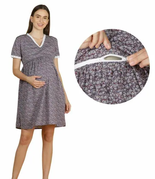 Morph Maternity | Pregnancy Dress For Women | With Hidden Horizontal Zip For Easy Breastfeeding | Fits During Pregnancy & Post Pregnancy | Soft Cotton | One Side Pocket | Grey | L