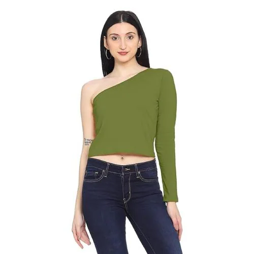 ROARERS Women ONE Shoulder Yellow Mustard Cotton Crop TOP (Olive Green _ Large)