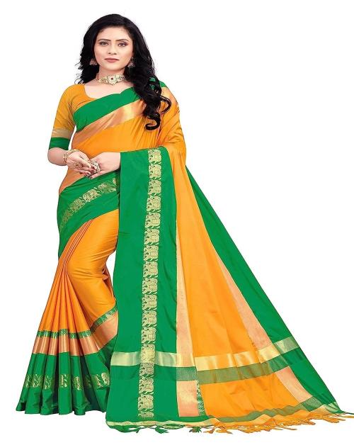 FAB SILK Women's Cotton Silk Elephant Design Zari Weaving Work Saree With Blouse Piece (Yellow & Green)