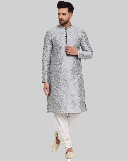 MOHANLAL SONS Men Grey & White Ethnic Motifs Self Design Kurta with Pyjamas