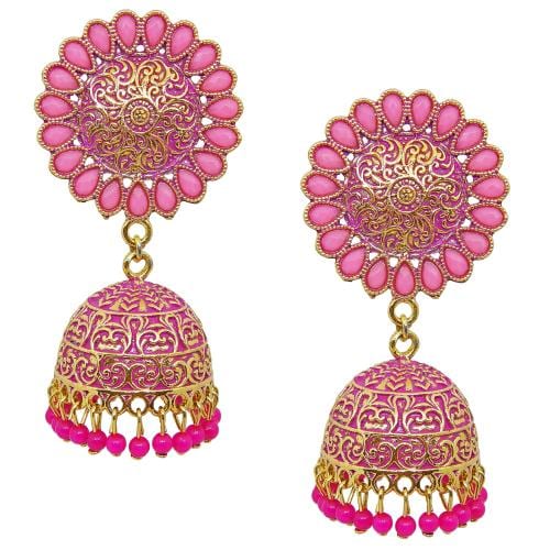 Fresh Vibes Golden Big Size Bright Pink Colour Traditional Jhumka Earrings for Women - Fancy & Stylish Wedding Use Heavy Ethnic Long Jhumki Earrings for Girls