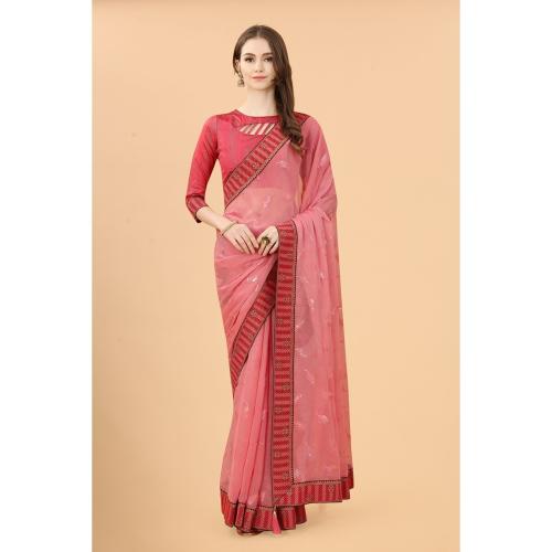Grubstaker Light Red Colour Simar Silk Embroideried Saree With Lace