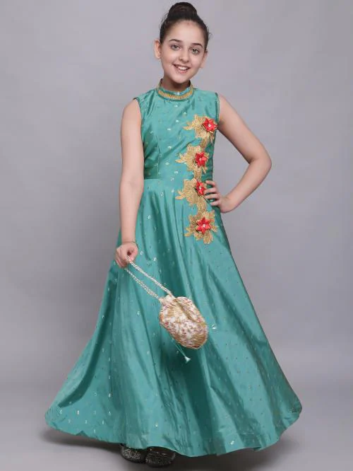 Bollylounge Girls Turquoise Embellished Taffeta Single Fit And Flare Dress