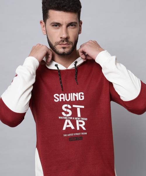 HELL BOUND Men Maroon Colorblock Fleece Single Hooded Sweatshirt