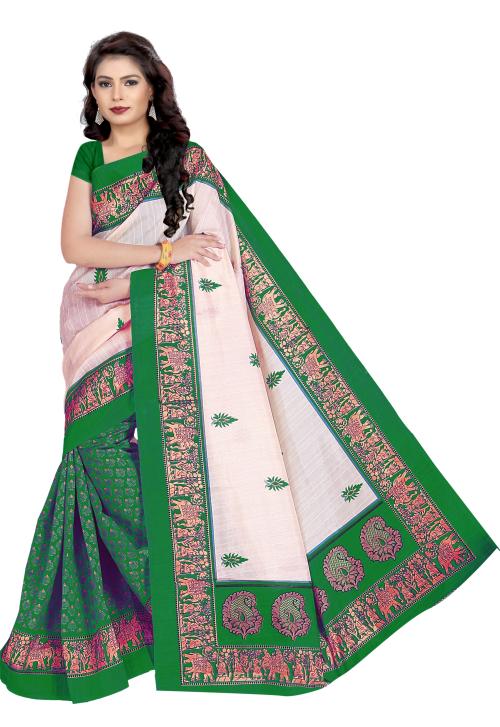 Marabout Green Bhagalpuri Silk Saree With Blouse Piece
