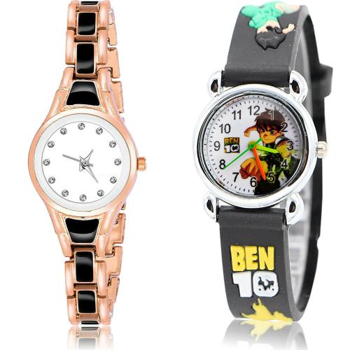 NEUTRON Contemporary Stylish Chain Bracelet Diamond And Ben 10 Kids Rose Gold And Black Colour Analog Metal And Plastic Belt 2 Watch Combo For Women And Girls - G595-GC87