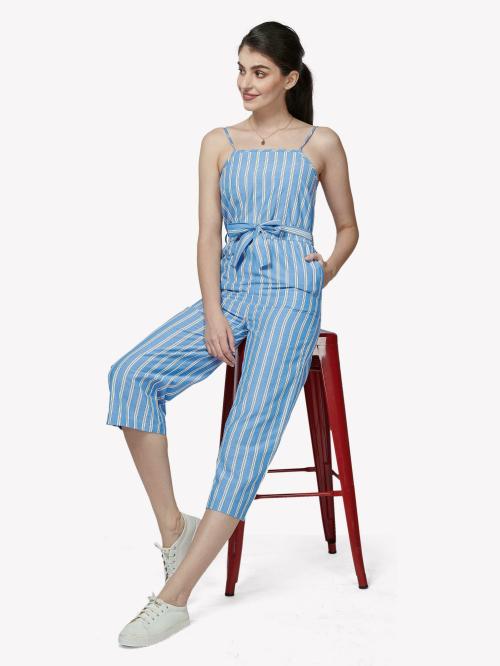VASTRADO Women Blue Cotton Striped Jumpsuit (S)