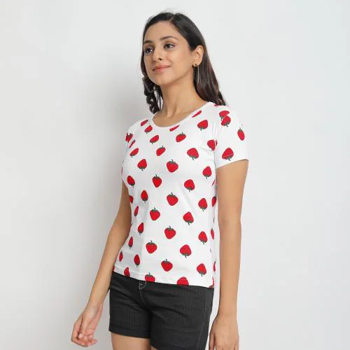 JUNEBERRY Women White Strawberry Printed Cotton T-Shirt