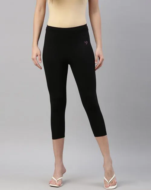 TWIN BIRDS Women Black  Solid Cotton Capri Length Leggings
