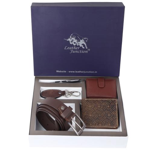 Buy Leather Junction 5 in 1 Gift Set Brown Wallet Belt Card Holder