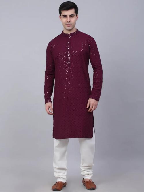 Pohar Creation Men Sequence Kurta Pyjama Set DN035 Maroon 44 Size
