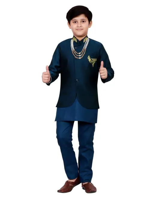 BILLIONAIRES CLOTHING Royal Sherwani set for kids / 4 Pcs Set (1 Blazer 1 Kurta 1 Trouser 1 Mala) / Size 12 year / Blue