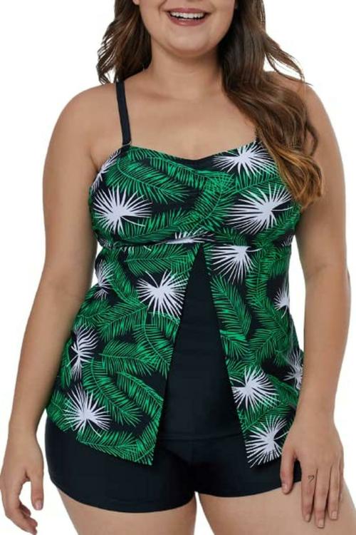 Plus Curvves Plus Size Pine Leaf Print Flyaway Tankini Top - XL Multicolour