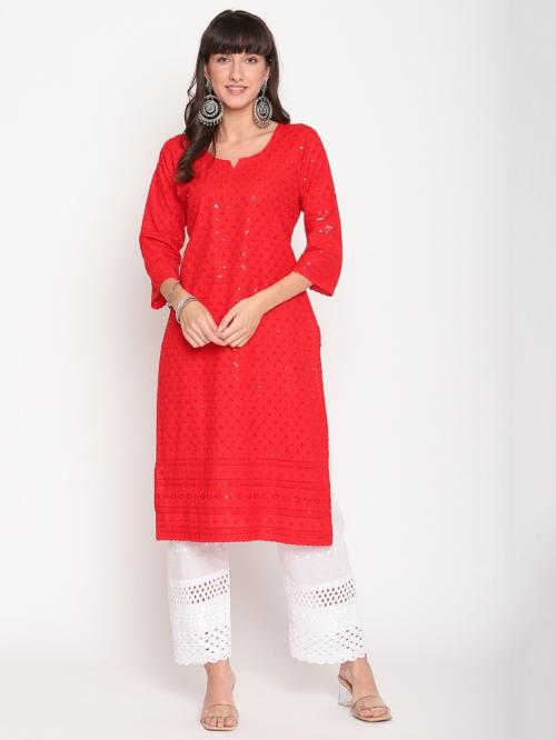Queenley Women Red Cotton Straight Knee Length Chikankari Kurti
